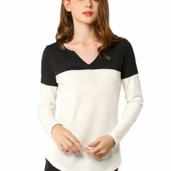 Allegra K Split V-neck Long Sleeves Color Block T-Shirt 90 Allegra K Split V-neck Long Sleeves Color Block T-Shirt