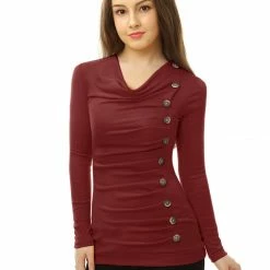 Women Allegra K Cowl Neck Long Sleeves Buttons Decor Ruched Top