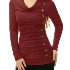 Women Allegra K Cowl Neck Long Sleeves Buttons Decor Ruched Top 127 Women Allegra K Cowl Neck Long Sleeves Buttons Decor Ruched Top