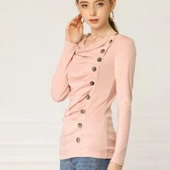 Women Allegra K Cowl Neck Long Sleeves Buttons Decor Ruched Top 133 Women Allegra K Cowl Neck Long Sleeves Buttons Decor Ruched Top