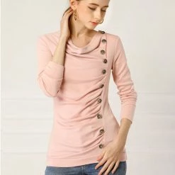 Women Allegra K Cowl Neck Long Sleeves Buttons Decor Ruched Top 134 Women Allegra K Cowl Neck Long Sleeves Buttons Decor Ruched Top