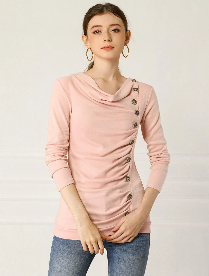 Women Allegra K Cowl Neck Long Sleeves Buttons Decor Ruched Top 48 Women Allegra K Cowl Neck Long Sleeves Buttons Decor Ruched Top