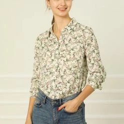 Allegra K Long Sleeve Button Down Ditsy Floral Shirt Women