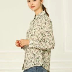 Allegra K Long Sleeve Button Down Ditsy Floral Shirt Women