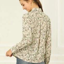Allegra K Long Sleeve Button Down Ditsy Floral Shirt Women