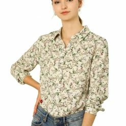 Allegra K Long Sleeve Button Down Ditsy Floral Shirt Women