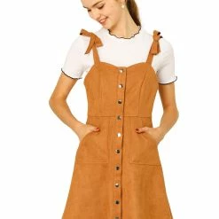 Allegra K Women's Strap Button Down Faux Suede A-Line Mini Overall Dress 104 Allegra K Women's Strap Button Down Faux Suede A-Line Mini Overall Dress