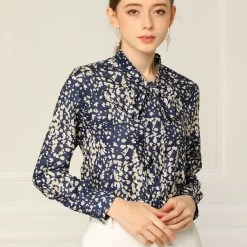 Women Allegra K Elegant Casual Floral Bow Tie Neck Button Up Blouse Shirt 23 Women Allegra K Elegant Casual Floral Bow Tie Neck Button Up Blouse Shirt