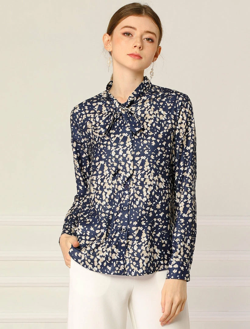 Women Allegra K Elegant Casual Floral Bow Tie Neck Button Up Blouse Shirt 6 Women Allegra K Elegant Casual Floral Bow Tie Neck Button Up Blouse Shirt