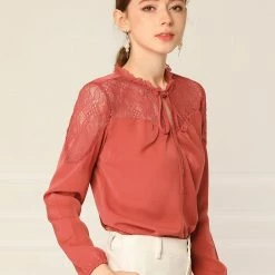 Women Allegra K Elegant Long Sleeve Lace Panel Keyhole Strap Chiffon Blouse 23 Women Allegra K Elegant Long Sleeve Lace Panel Keyhole Strap Chiffon Blouse