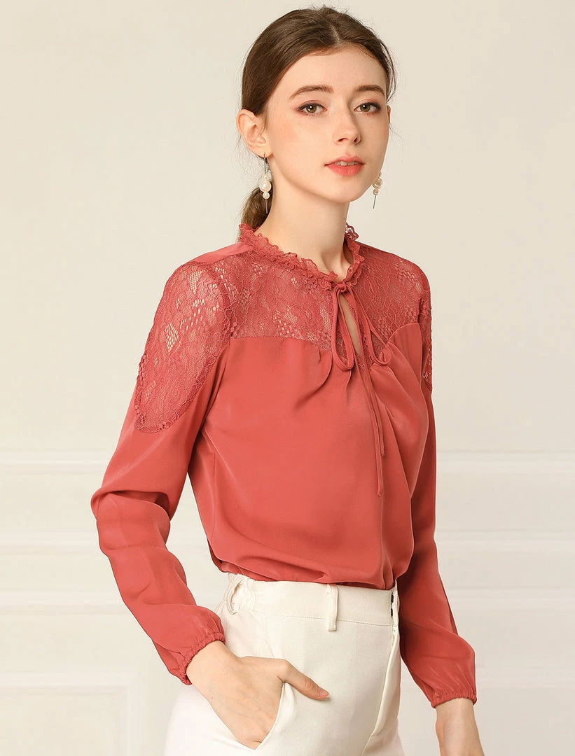 Women Allegra K Elegant Long Sleeve Lace Panel Keyhole Strap Chiffon Blouse 5 Women Allegra K Elegant Long Sleeve Lace Panel Keyhole Strap Chiffon Blouse