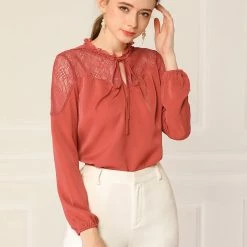 Women Allegra K Elegant Long Sleeve Lace Panel Keyhole Strap Chiffon Blouse 24 Women Allegra K Elegant Long Sleeve Lace Panel Keyhole Strap Chiffon Blouse