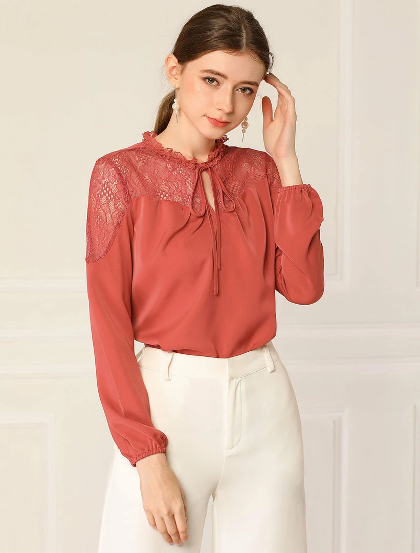 Women Allegra K Elegant Long Sleeve Lace Panel Keyhole Strap Chiffon Blouse 6 Women Allegra K Elegant Long Sleeve Lace Panel Keyhole Strap Chiffon Blouse