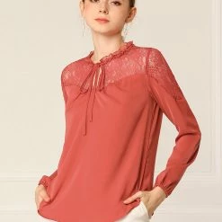 Women Allegra K Elegant Long Sleeve Lace Panel Keyhole Strap Chiffon Blouse 25 Women Allegra K Elegant Long Sleeve Lace Panel Keyhole Strap Chiffon Blouse