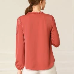 Women Allegra K Elegant Long Sleeve Lace Panel Keyhole Strap Chiffon Blouse 26 Women Allegra K Elegant Long Sleeve Lace Panel Keyhole Strap Chiffon Blouse