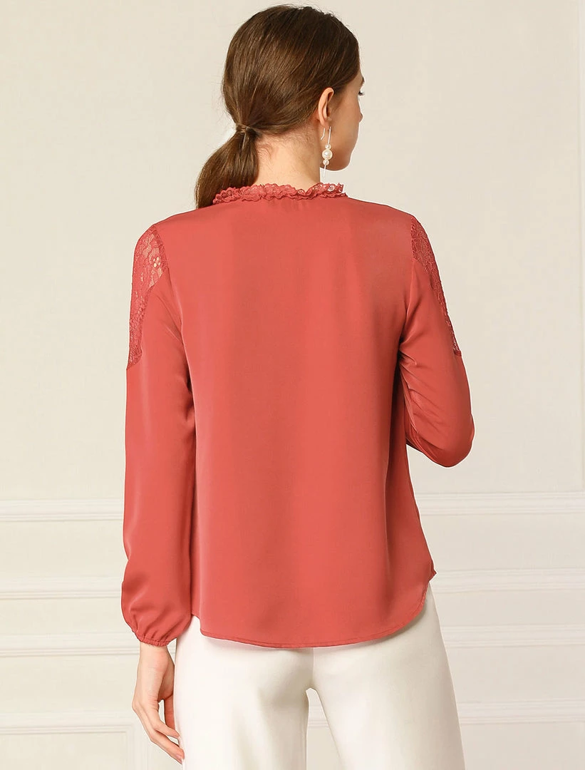 Women Allegra K Elegant Long Sleeve Lace Panel Keyhole Strap Chiffon Blouse 8 Women Allegra K Elegant Long Sleeve Lace Panel Keyhole Strap Chiffon Blouse