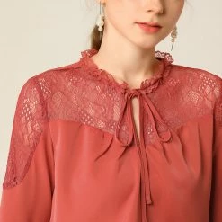 Women Allegra K Elegant Long Sleeve Lace Panel Keyhole Strap Chiffon Blouse 27 Women Allegra K Elegant Long Sleeve Lace Panel Keyhole Strap Chiffon Blouse