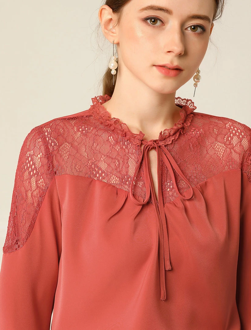 Women Allegra K Elegant Long Sleeve Lace Panel Keyhole Strap Chiffon Blouse 9 Women Allegra K Elegant Long Sleeve Lace Panel Keyhole Strap Chiffon Blouse