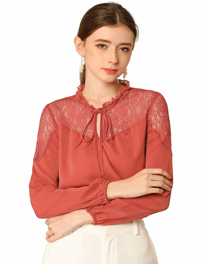 Women Allegra K Elegant Long Sleeve Lace Panel Keyhole Strap Chiffon Blouse 4 Women Allegra K Elegant Long Sleeve Lace Panel Keyhole Strap Chiffon Blouse