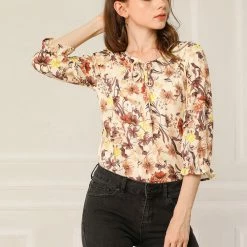 Allegra K Women's Tie V Neck Casual Boho Ruffled 3/4 Sleeve Floral Blouse Tops