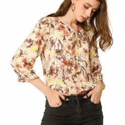 Allegra K Women's Tie V Neck Casual Boho Ruffled 3/4 Sleeve Floral Blouse Tops