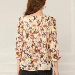 Allegra K Women's Tie V Neck Casual Boho Ruffled 3/4 Sleeve Floral Blouse Tops