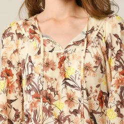 Allegra K Women's Tie V Neck Casual Boho Ruffled 3/4 Sleeve Floral Blouse Tops