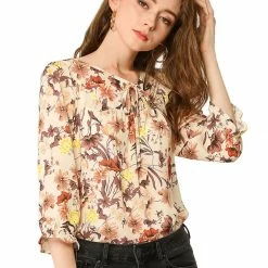 Allegra K Women's Tie V Neck Casual Boho Ruffled 3/4 Sleeve Floral Blouse Tops