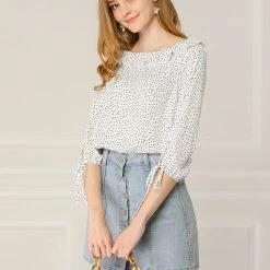 Allegra K Women's Ruffled Neck Half Sleeve Summer Polka Dot Blouse Tops