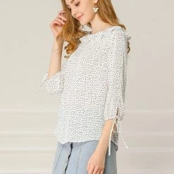 Allegra K Women's Ruffled Neck Half Sleeve Summer Polka Dot Blouse Tops