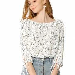 Allegra K Women's Ruffled Neck Half Sleeve Summer Polka Dot Blouse Tops