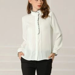 Allegra K Women's Work Office Ruffled Button Down Long Sleeve Shirts Blouse 12 Allegra K Women's Work Office Ruffled Button Down Long Sleeve Shirts Blouse