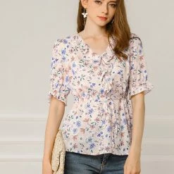 Allegra K Women's Ruffle V Neck Drawstring Floral Blouse