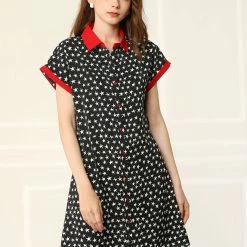 Allegra K Women's Vintage Button Up Belted Short Sleeve Star Print Shirt Dress