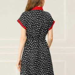 Allegra K Women's Vintage Button Up Belted Short Sleeve Star Print Shirt Dress