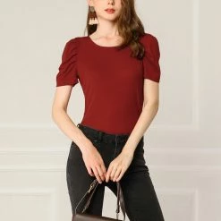 Allegra K The Summer Chill Women's Ruched Puff Sleeve Round Neck Slim Fit Solid Color Top Shirt