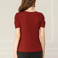Allegra K The Summer Chill Women's Ruched Puff Sleeve Round Neck Slim Fit Solid Color Top Shirt