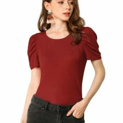Allegra K The Summer Chill Women's Ruched Puff Sleeve Round Neck Slim Fit Solid Color Top Shirt