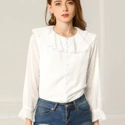 Allegra K Women's Ruffle Neck Polka Dot Button Front Sheer Chiffon Blouse