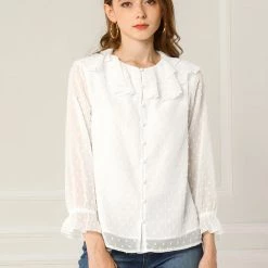 Allegra K Women's Ruffle Neck Polka Dot Button Front Sheer Chiffon Blouse