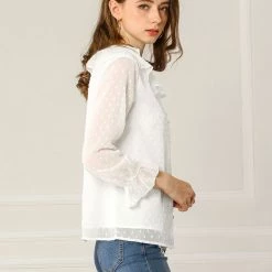 Allegra K Women's Ruffle Neck Polka Dot Button Front Sheer Chiffon Blouse