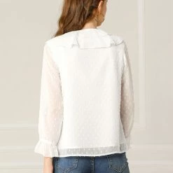 Allegra K Women's Ruffle Neck Polka Dot Button Front Sheer Chiffon Blouse