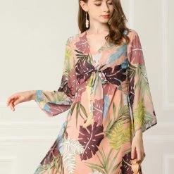 Allegra K Women's V Neck Tie Front Tropical Floral Print Dress