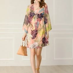 Allegra K Women's V Neck Tie Front Tropical Floral Print Dress