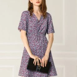 Allegra K Women's Leopard Printed High Waist Drawstring V Neck Short Sleeves A-Line Dress