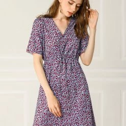 Allegra K Women's Leopard Printed High Waist Drawstring V Neck Short Sleeves A-Line Dress