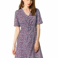 Allegra K Women's Leopard Printed High Waist Drawstring V Neck Short Sleeves A-Line Dress