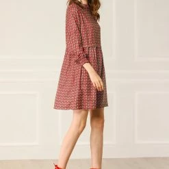 Allegra K Women's Floral Leaf Print Ruffle Neck Smocked Cuff Short Flare Dress