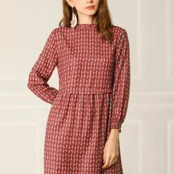 Allegra K Women's Floral Leaf Print Ruffle Neck Smocked Cuff Short Flare Dress