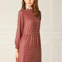 Allegra K Women's Floral Leaf Print Ruffle Neck Smocked Cuff Short Flare Dress